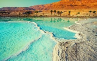 Dead Sea blue waters and salt islands
