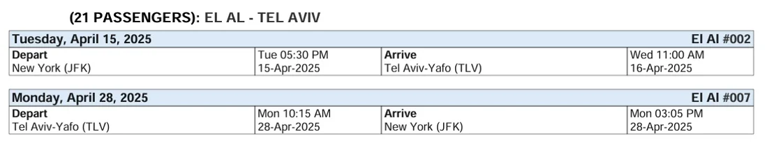 Teivah flights from JFK to TLv